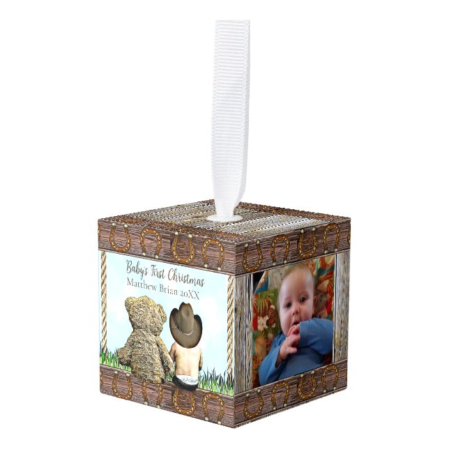 Adorno Cúbico Lil Cowboy personalizado | Primera Navidad del beb (Anverso en perspectiva)