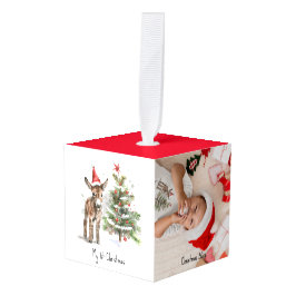 Adorno Cúbico lindo bebe burro y árbol de navidad, personalizabl
