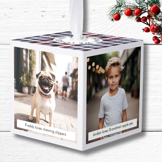 Adorno Cúbico Lo que amamos en 2023 Navidades regalo familiar de (What we Loved in 2023 Personalized Holiday Photo Family Gift  Cube Ornament blue red farnhouse chic)