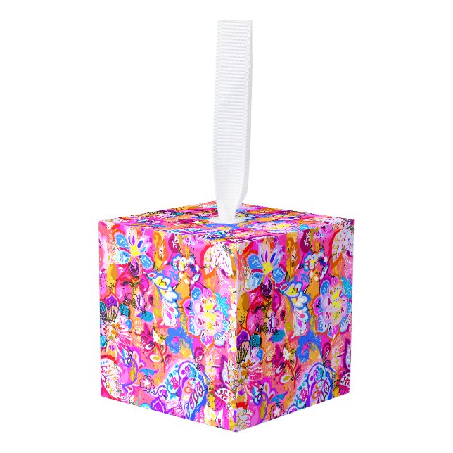 Adorno Cúbico Magnífico colorido abstracto floral (Anverso en perspectiva)