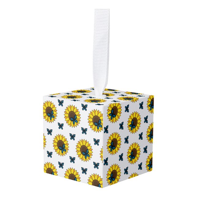 Adorno Cúbico Mariposa azul y girasol (Anverso en perspectiva)