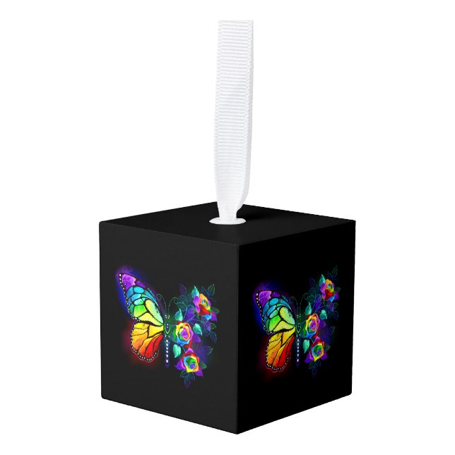 Adorno Cúbico Mariposa florida arcoiris (Anverso en perspectiva)