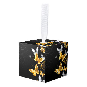 Adorno Cúbico Mariposas doradas y blancas