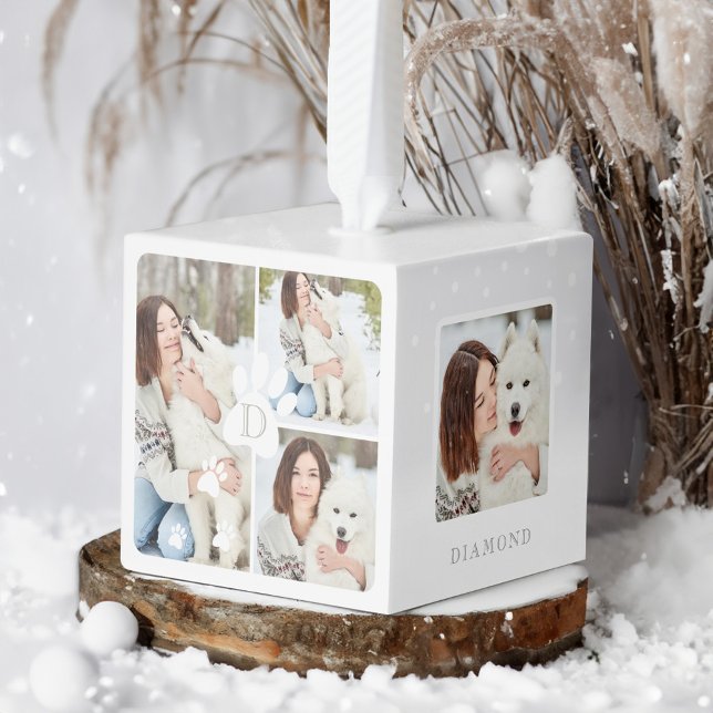 Adorno Cúbico Mascota de Navidades modernos Monograma Cuatro Col (Modern Christmas Pet Monogram Four Photo Collage Cube Ornament)