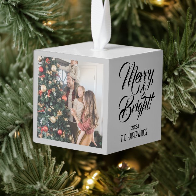 Adorno Cúbico Merry y Bright | Elegantes Navidades 3 Fotografía  (Árbol)