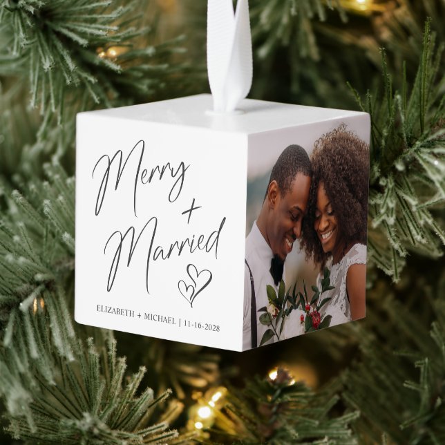Adorno Cúbico Merry Y Married Newlyweed 3 Foto (Árbol)