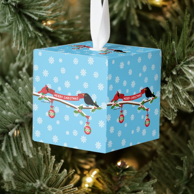 Adorno Cúbico Mirlo y cardenal lindos en la rama - FELIZ NAVIDAD (Árbol)