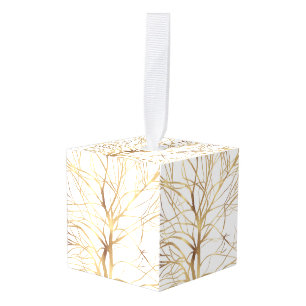 Adorno Cúbico Modern Gold Tree Silhouette Minimal White Design