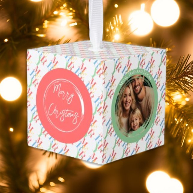 Adorno Cúbico Moderno Bright Merry Photo Keepsake (modern merry photo keepsake ornament)