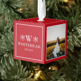 Adorno Cúbico Monograma de Snowflake Foto Rustica Rojo