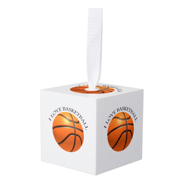 Adorno Cúbico naranja personalizado y baloncesto de cuero negro (Anverso en perspectiva)
