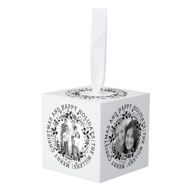 Adorno Cúbico Navidades blancos y negros escriben y fotos (Anverso en perspectiva)