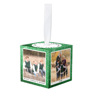 Adorno Cúbico Navidades de familia personalizable Foto Purpurina