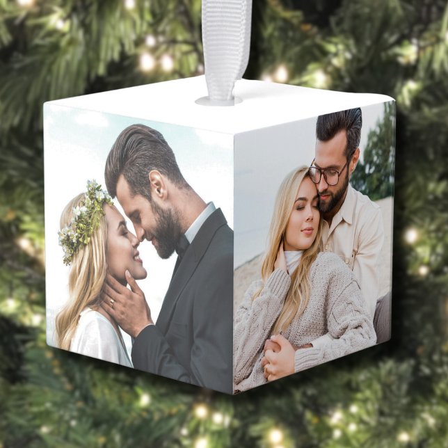 Adorno Cúbico Navidades de fotografía de parejas recién casadas  (Minimal Newlywed Couple Photo Christmas Cube Ornament)