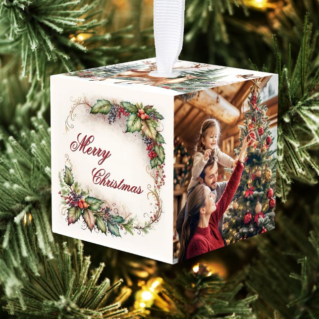 Adorno Cúbico Navidades de fotos clásicas (A festive Christmas cube ornament featuring a watercolor leaf design and your custom photos)