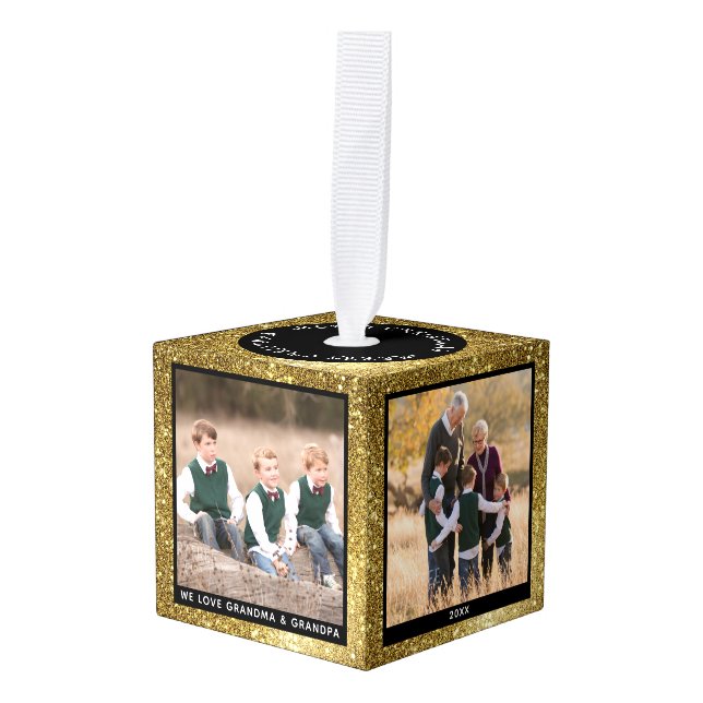 Adorno Cúbico Navidades de personalizable Purpurina de oro foto  (Anverso en perspectiva)
