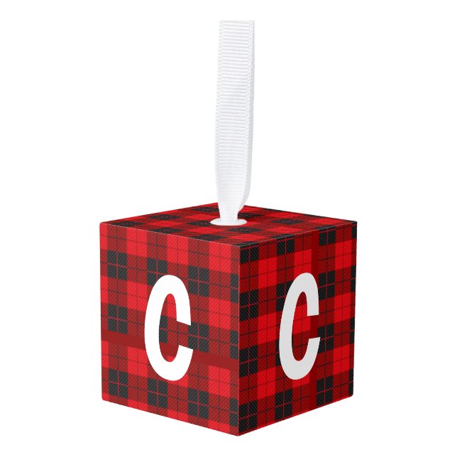 Adorno Cúbico Navidades del Flannel Monograma Rojo (Anverso en perspectiva)