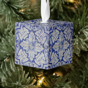 Adorno Cúbico Navidades Florales Vintage Blue White