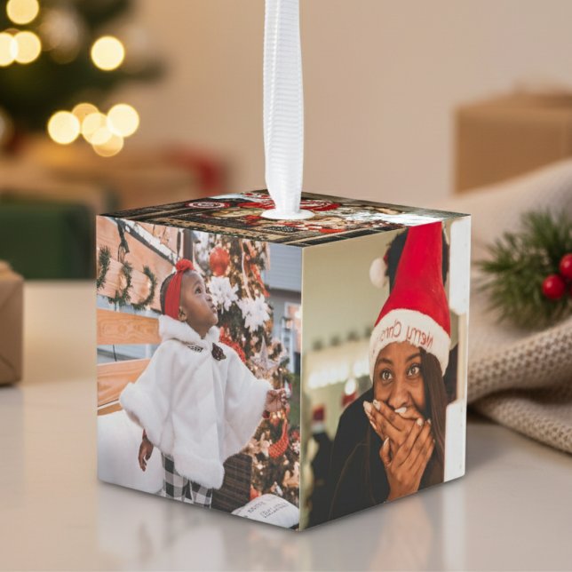 Adorno Cúbico Navidades fotográficos familiares personalizados (Personalized Family Photo Christmas Cube Ornament)