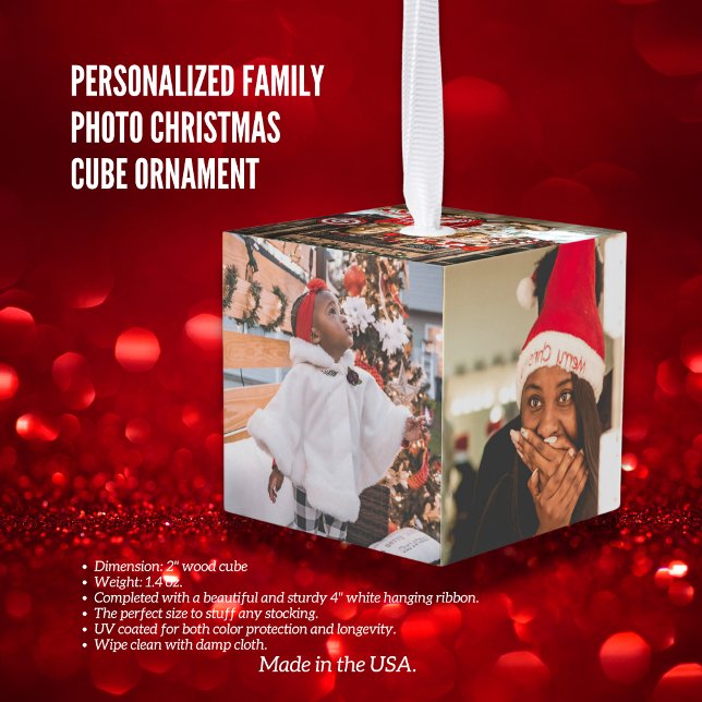Adorno Cúbico Navidades fotográficos familiares personalizados (Personalized Family Photo Christmas Cube Ornament)