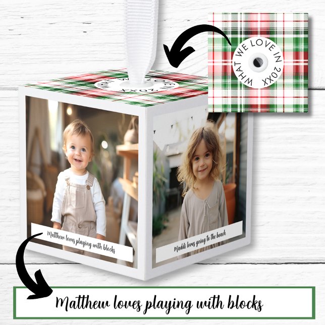 Adorno Cúbico Navidades personalizados Foto Cita de amor Farmhou (custom holidays Photo name Love Quote rustic christmas Ornament keepsake gift red green plaid family)