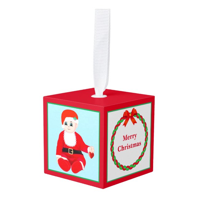 Adorno Cúbico Navidades Santa Bebé en azul claro (Anverso en perspectiva)