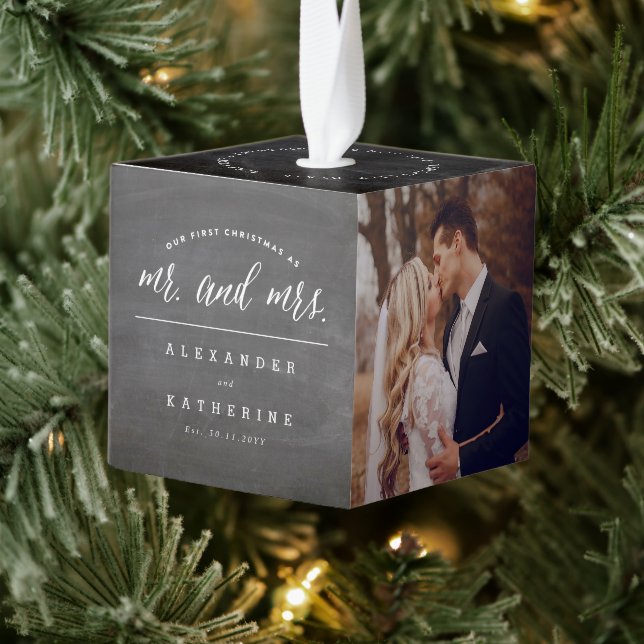 Adorno Cúbico Nuestra Primera Navidad Como Sr. Y Sra. Boda Foto (Árbol)