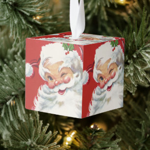Adorno Cúbico Papá Noel vintage de Navidad, alegre y guiñando un