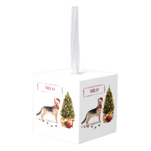 Adorno Cúbico Pastor alemán Navidades graciosos perro con árbol