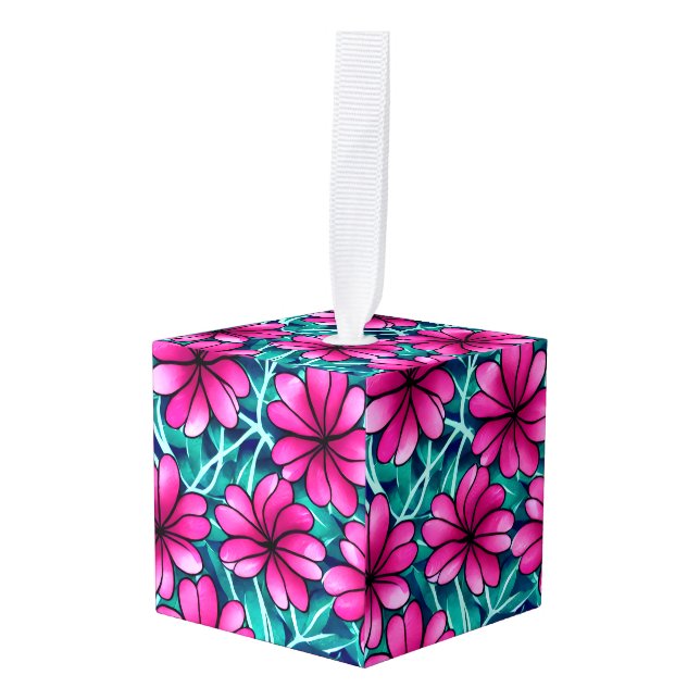 Adorno Cúbico Patrón de flor rosa brillante (Anverso en perspectiva)