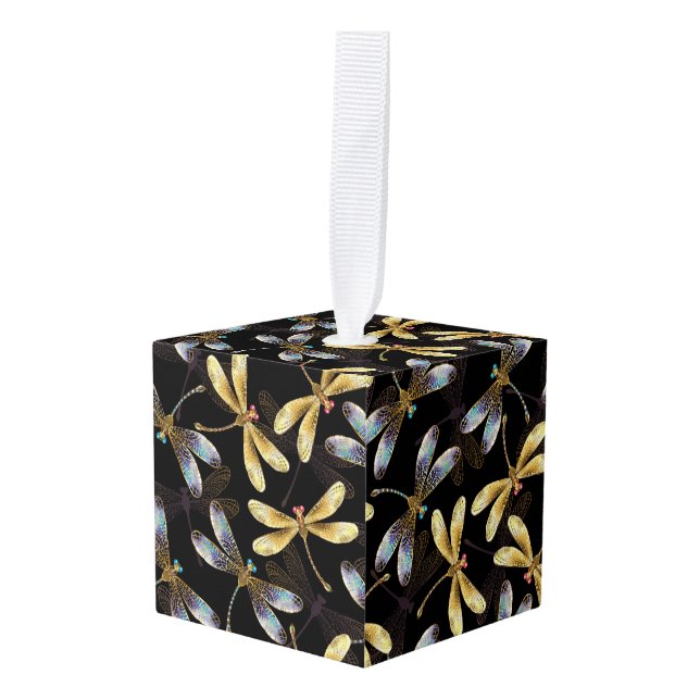 Adorno Cúbico Patrón sin foco con Dragonflies dorados (Anverso en perspectiva)