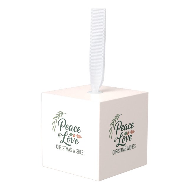 Adorno Cúbico Peace & Love Christmas Wishes Ornament (Anverso en perspectiva)