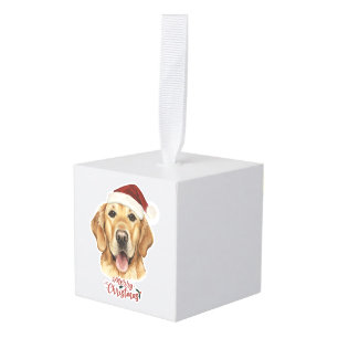 Adorno Cúbico Perro Golden Retriver de Feliz Navidad