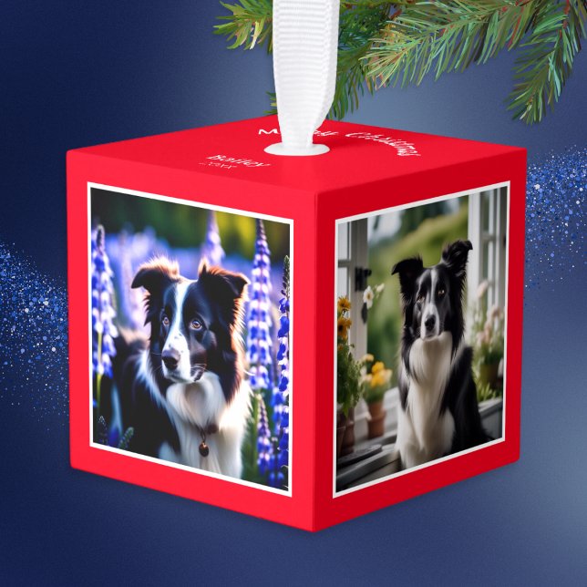 Adorno Cúbico Perro Multi Foto Rojo Navidad (A festive cube to personalize with four dog photos and your pet's name, with Merry Christmas words)