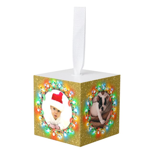 Adorno Cúbico Personalizado 5 Foto Esparkle de oro (Anverso en perspectiva)