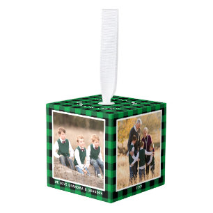 Adorno Cúbico Personalizado Green Plaid Abuelos Navidades de fot