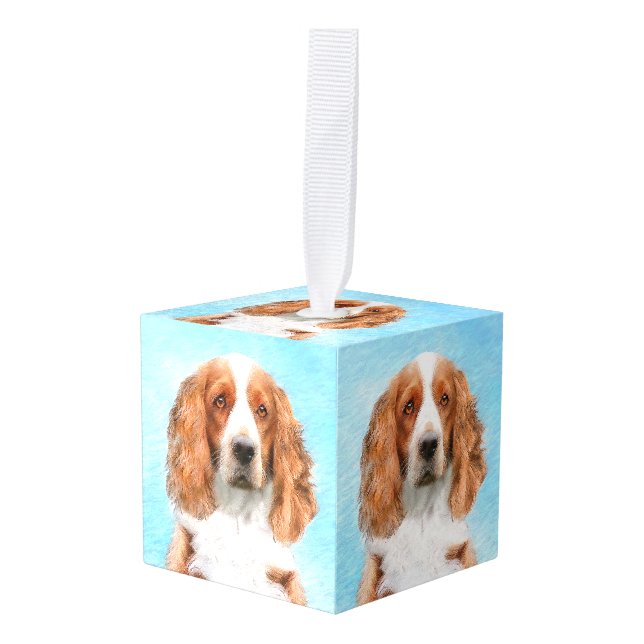 Adorno Cúbico Pintado español de Springer galesa - Arte de perro (Anverso en perspectiva)