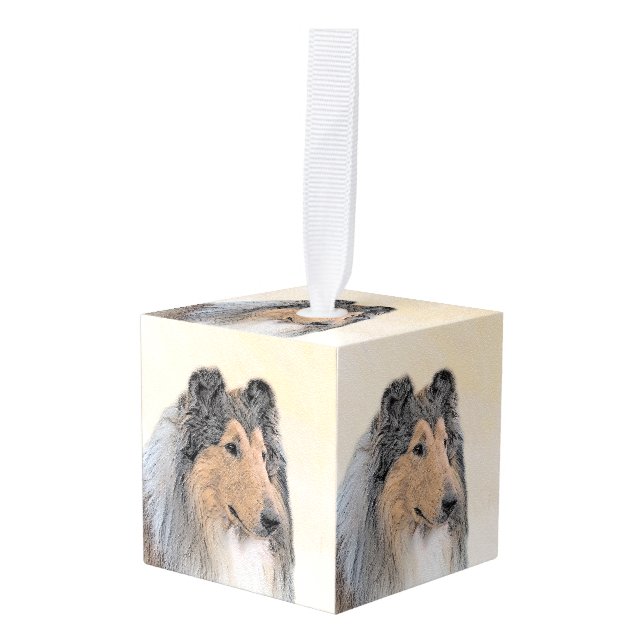Adorno Cúbico Pintura de Collie (Rough) - Arte de Perro Original (Anverso en perspectiva)