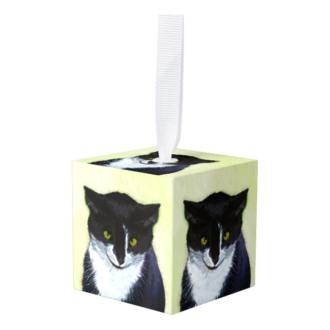 Adorno Cúbico Pintura de gatos de Tuxedo - Arte de gatos origina (Anverso en perspectiva)