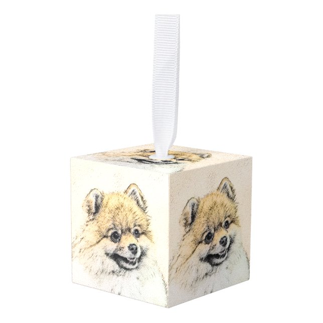 Adorno Cúbico Pintura Pomerania (Naranja) - Arte Perro Original (Anverso en perspectiva)
