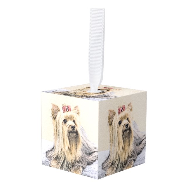 Adorno Cúbico Pintura Terrier de Yorkshire - Arte Perro Original (Anverso en perspectiva)