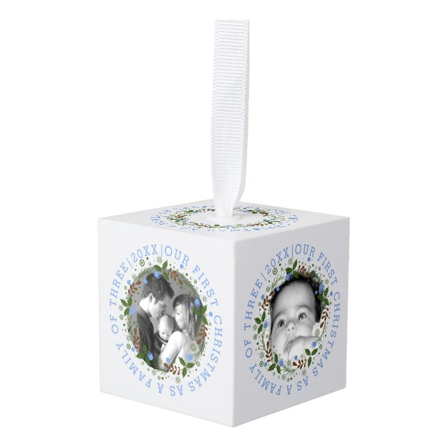 Adorno Cúbico Primera Navidad como familia fue una foto azul (Anverso en perspectiva)
