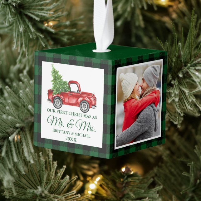 Adorno Cúbico Primera Navidad Sr. y Sra. Red Truck Green Plaid (Árbol)