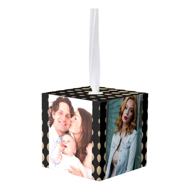 Adorno Cúbico puntos de polka purpurina de oro negro geométrico  (Reverso en perspectiva)