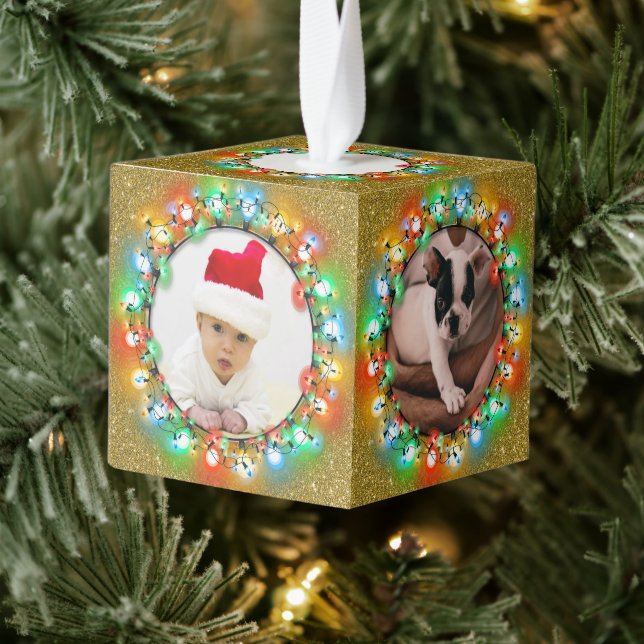Adorno Cúbico Purpurina de oro Cinco Navidades de fotografía Pla (Árbol)
