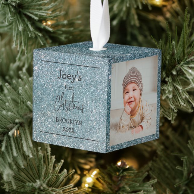 Adorno Cúbico purpurina rosa bebé primera Navidad tres Foto (Árbol)