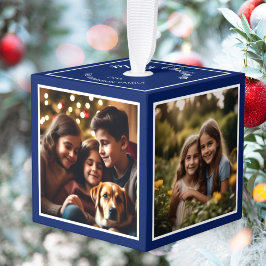 Adorno Cúbico Recuerdo Personalizado de Navidad 4 Fotos Azul Osc
