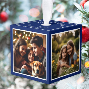 Adorno Cúbico Recuerdo Personalizado de Navidad 4 Fotos Azul Osc