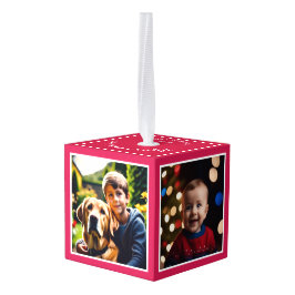 Adorno Cúbico Recuerdo Personalizado de Navidad Cuatro Fotos Roj