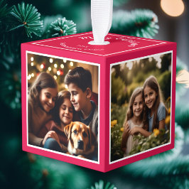Adorno Cúbico Recuerdo Personalizado de Navidad Cuatro Fotos Roj